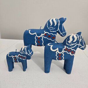 Dala Horse Hand Painted Wax Candles Set of 3 Blue Red Equestrian Collect